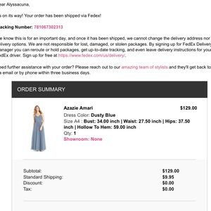 Azazie Amari dress in dusty blue, size 4